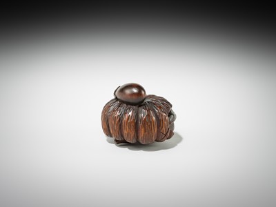Lot 377 - SHIGEMASA: A FINE WOOD NETSUKE OF A PUMPKIN WITH A SNAKE AND NASUBI (EGGPLANT)