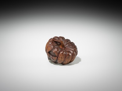 Lot 377 - SHIGEMASA: A FINE WOOD NETSUKE OF A PUMPKIN WITH A SNAKE AND NASUBI (EGGPLANT)