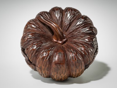 Lot 377 - SHIGEMASA: A FINE WOOD NETSUKE OF A PUMPKIN WITH A SNAKE AND NASUBI (EGGPLANT)