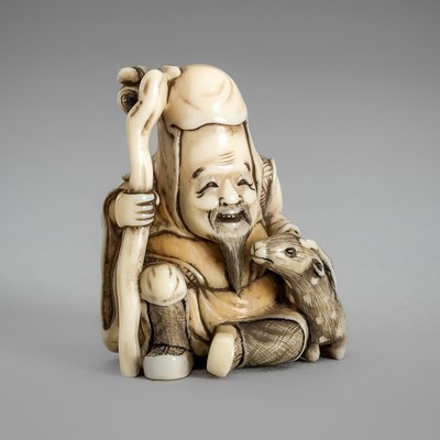 Lot 1525 - KOSEN: A FINE IVORY NETSUKE OF JUROJIN WITH HIS DEER