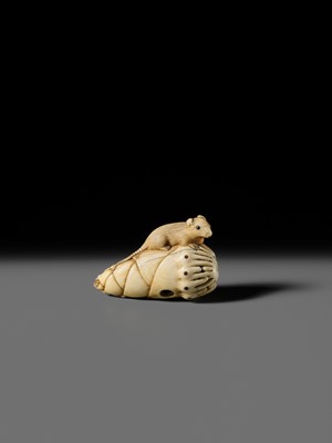Lot 138 - A CHARMING KYOTO SCHOOL IVORY NETSUKE OF A RAT ON A BAMBOO SHOOT