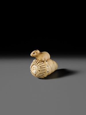Lot 138 - A CHARMING KYOTO SCHOOL IVORY NETSUKE OF A RAT ON A BAMBOO SHOOT