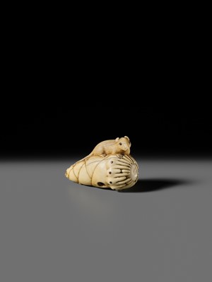 Lot 138 - A CHARMING KYOTO SCHOOL IVORY NETSUKE OF A RAT ON A BAMBOO SHOOT