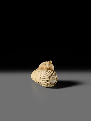 Lot 138 - A CHARMING KYOTO SCHOOL IVORY NETSUKE OF A RAT ON A BAMBOO SHOOT