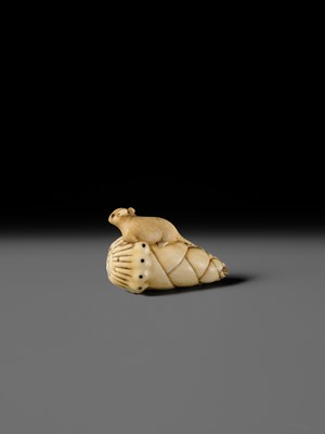 Lot 138 - A CHARMING KYOTO SCHOOL IVORY NETSUKE OF A RAT ON A BAMBOO SHOOT