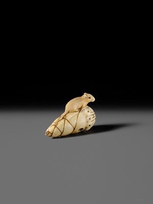 Lot 138 - A CHARMING KYOTO SCHOOL IVORY NETSUKE OF A RAT ON A BAMBOO SHOOT