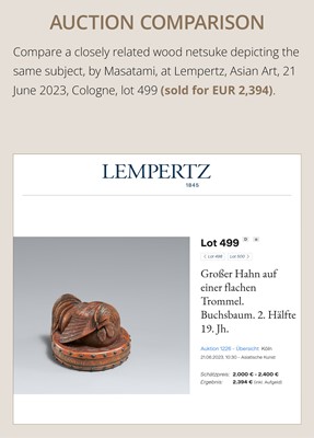 Lot 187 - MASATAMI: A WOOD NETSUKE OF A COCKEREL ON A WAR DRUM