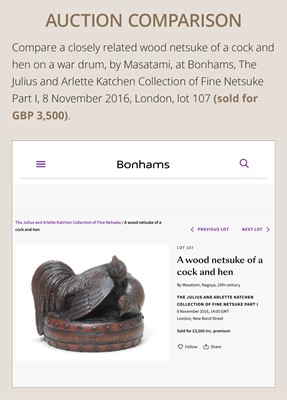 Lot 187 - MASATAMI: A WOOD NETSUKE OF A COCKEREL ON A WAR DRUM