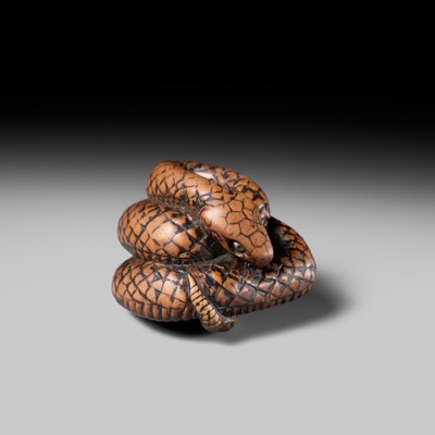 Lot 182 - A LARGE EARLY NAGOYA SCHOOL WOOD NETSUKE OF A SNAKE