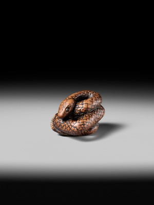 Lot 182 - A LARGE EARLY NAGOYA SCHOOL WOOD NETSUKE OF A SNAKE