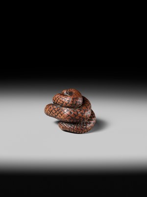 Lot 182 - A LARGE EARLY NAGOYA SCHOOL WOOD NETSUKE OF A SNAKE