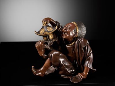 Lot 10 - MASAFUMI: A MIYAO-STYLE PARCEL-GILT BRONZE OKIMONO OF A TEMPLE SERVANT