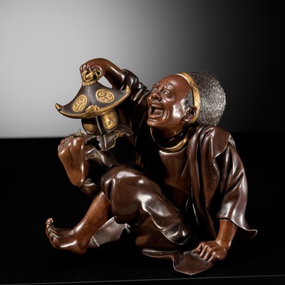 Lot 10 - MASAFUMI: A MIYAO-STYLE PARCEL-GILT BRONZE OKIMONO OF A TEMPLE SERVANT