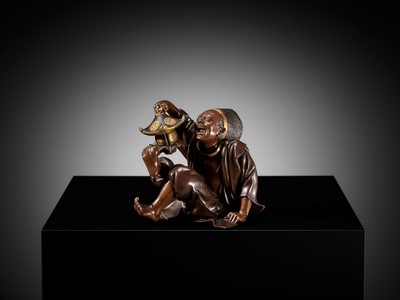 Lot 10 - MASAFUMI: A MIYAO-STYLE PARCEL-GILT BRONZE OKIMONO OF A TEMPLE SERVANT