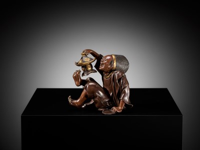 Lot 10 - MASAFUMI: A MIYAO-STYLE PARCEL-GILT BRONZE OKIMONO OF A TEMPLE SERVANT