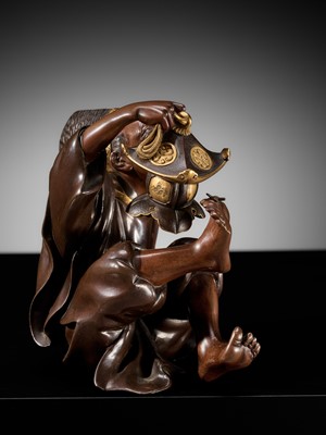 Lot 10 - MASAFUMI: A MIYAO-STYLE PARCEL-GILT BRONZE OKIMONO OF A TEMPLE SERVANT
