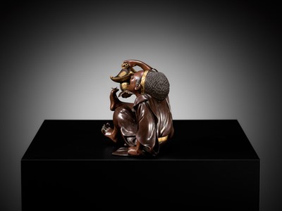 Lot 10 - MASAFUMI: A MIYAO-STYLE PARCEL-GILT BRONZE OKIMONO OF A TEMPLE SERVANT