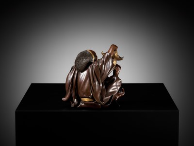 Lot 10 - MASAFUMI: A MIYAO-STYLE PARCEL-GILT BRONZE OKIMONO OF A TEMPLE SERVANT