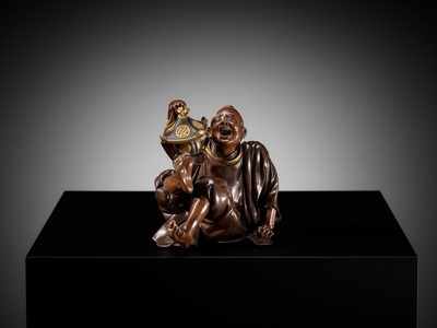 Lot 10 - MASAFUMI: A MIYAO-STYLE PARCEL-GILT BRONZE OKIMONO OF A TEMPLE SERVANT
