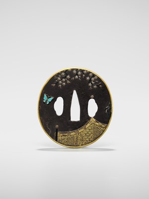 Lot 551 - A RARE SHIPPO INLAID IRON TSUBA, ATTRIBUTED TO HIRATA HIKOZO I