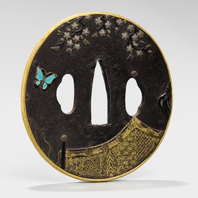 Lot 551 - A RARE SHIPPO INLAID IRON TSUBA, ATTRIBUTED TO HIRATA HIKOZO I
