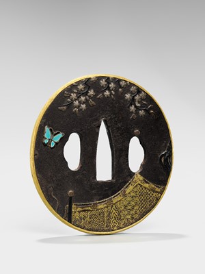 Lot 551 - A RARE SHIPPO INLAID IRON TSUBA, ATTRIBUTED TO HIRATA HIKOZO I