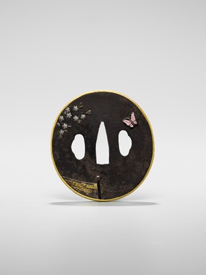 Lot 551 - A RARE SHIPPO INLAID IRON TSUBA, ATTRIBUTED TO HIRATA HIKOZO I