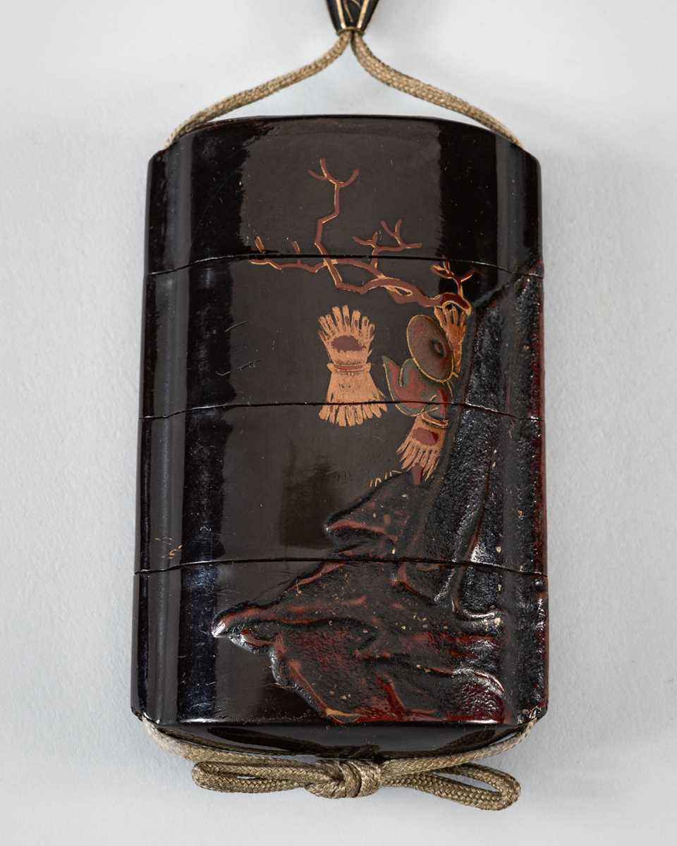 Lot 1415 - A THREE-CASE LACQUER INRO DEPICTING A MOUNTAIN VIEW