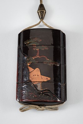Lot 1415 - A THREE-CASE LACQUER INRO DEPICTING A MOUNTAIN VIEW