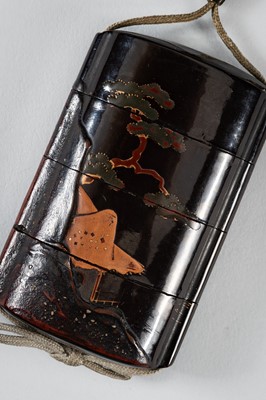 Lot 1415 - A THREE-CASE LACQUER INRO DEPICTING A MOUNTAIN VIEW