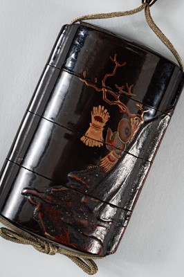 Lot 1415 - A THREE-CASE LACQUER INRO DEPICTING A MOUNTAIN VIEW
