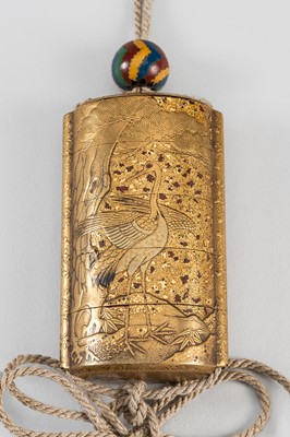 Lot 1409 - KAJIKAWA: A FINE FOUR-CASE LACQUER INRO DEPICTING CRANES