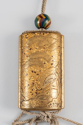 Lot 1409 - KAJIKAWA: A FINE FOUR-CASE LACQUER INRO DEPICTING CRANES