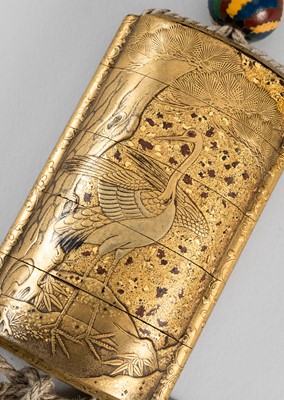 Lot 1409 - KAJIKAWA: A FINE FOUR-CASE LACQUER INRO DEPICTING CRANES