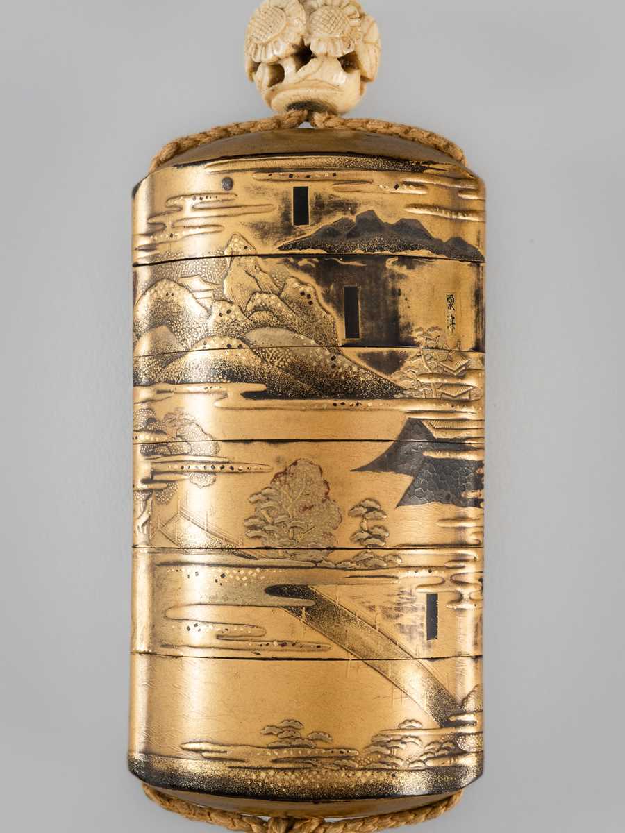 Lot 1408 - YOYUSAI: A FINE FIVE-CASE LACQUER INRO WITH SCENIC LOCATIONS