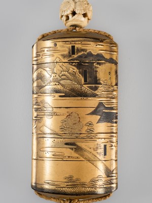 Lot 1408 - YOYUSAI: A FINE FIVE-CASE LACQUER INRO WITH SCENIC LOCATIONS