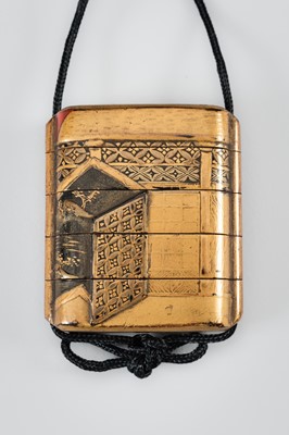 Lot 1403 - A FOUR-CASE GOLD LACQUER INRO DEPICTING A TEAHOUSE