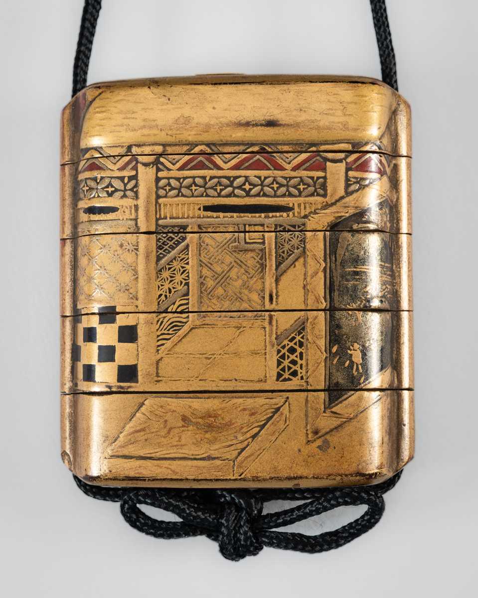 Lot 1403 - A FOUR-CASE GOLD LACQUER INRO DEPICTING A TEAHOUSE