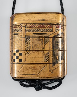 Lot 1403 - A FOUR-CASE GOLD LACQUER INRO DEPICTING A TEAHOUSE