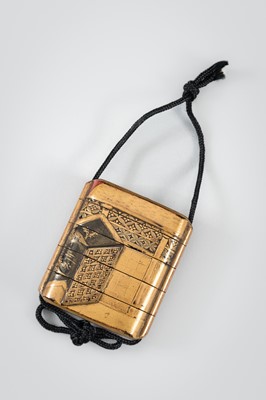 Lot 1403 - A FOUR-CASE GOLD LACQUER INRO DEPICTING A TEAHOUSE