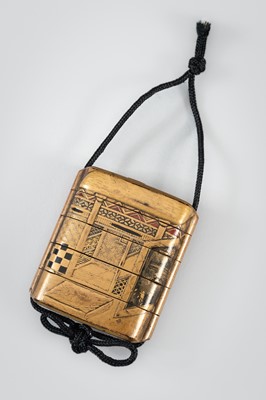 Lot 1403 - A FOUR-CASE GOLD LACQUER INRO DEPICTING A TEAHOUSE