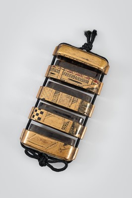 Lot 1403 - A FOUR-CASE GOLD LACQUER INRO DEPICTING A TEAHOUSE