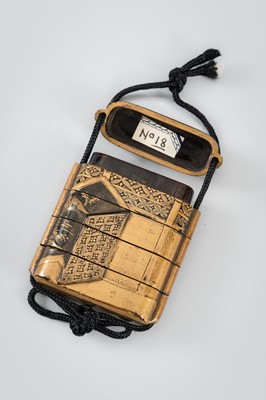 Lot 1403 - A FOUR-CASE GOLD LACQUER INRO DEPICTING A TEAHOUSE