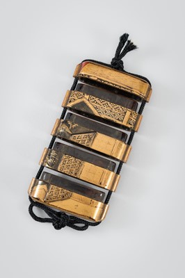 Lot 1403 - A FOUR-CASE GOLD LACQUER INRO DEPICTING A TEAHOUSE