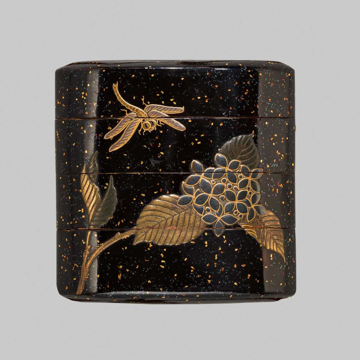 A FINE INLAID THREE-CASE LACQUER INRO WITH HYDRANGEAS AND A DRAGONFLY