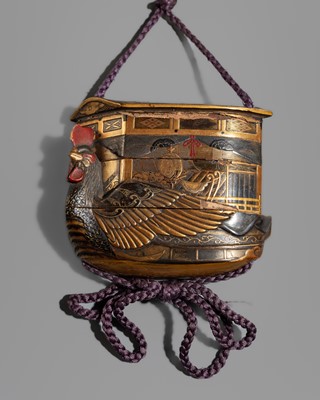 Lot 133 - AN UNUSUAL TWO-CASE INRO WITH A ROOSTER ON A BOAT