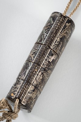 Lot 1420 - A FOUR-CASE MOTHER OF PEARL INLAID LACQUER INRO DEPICTING A LANDSCAPE