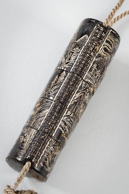 Lot 1420 - A FOUR-CASE MOTHER OF PEARL INLAID LACQUER INRO DEPICTING A LANDSCAPE
