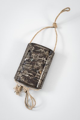 Lot 1420 - A FOUR-CASE MOTHER OF PEARL INLAID LACQUER INRO DEPICTING A LANDSCAPE
