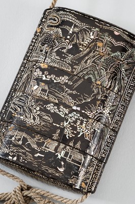 Lot 1420 - A FOUR-CASE MOTHER OF PEARL INLAID LACQUER INRO DEPICTING A LANDSCAPE